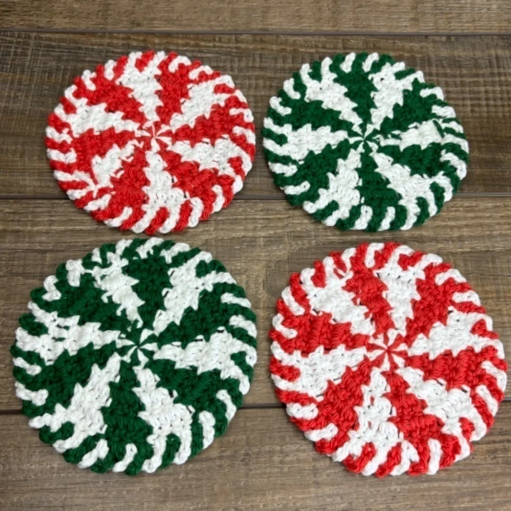 Handcrafted Crochet Peppermint Coasters Christmas‎ Holiday Set of 4 Cotton